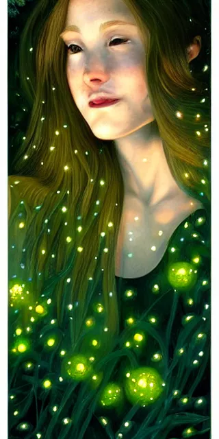Image similar to young woman, smiling, amazed by golden fireflies lights, sitting in the midst of nature fully covered, long loose red hair, intricate linework, green eyes, small nose with freckles, oval shape face, realistic, expressive emotions, dramatic lights, spiritual scene, hyper realistic ultrafine art by cecco del caravaggio and albert bierstadt and artgerm