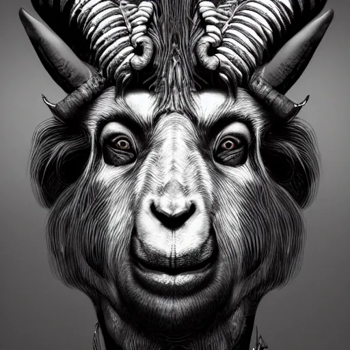 Image similar to studio portrait of the anthropomorphic goat man, a humble thief super fine surreal detailed face illustration by kim jung gi, iraq nadar, intricate lines, clear focus, vivid colors, matte, octopath voyager, skyrim, unreal engine highly rendered, radiant light, intricate, trending