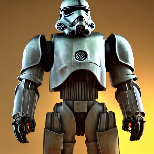 Image similar to huge power armor with servos from fallout in the style of star wars stormtrooper, realism, depth of field, focus on darth vader,