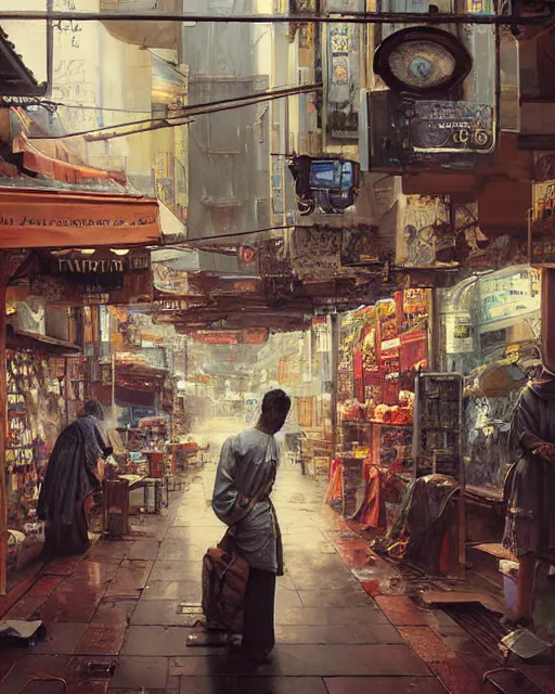 Image similar to a highly detailed epic cinematic concept art CG render digital painting artwork: Tokyo city market. By Greg Rutkowski, in the style of Francis Bacon and Syd Mead and Norman Rockwell and Beksinski, open ceiling, highly detailed, painted by Francis Bacon and Edward Hopper, painted by James Gilleard, surrealism, airbrush, Ilya Kuvshinov, WLOP, Stanley Artgerm, very coherent, triadic color scheme, art by Takato Yamamoto and James Jean