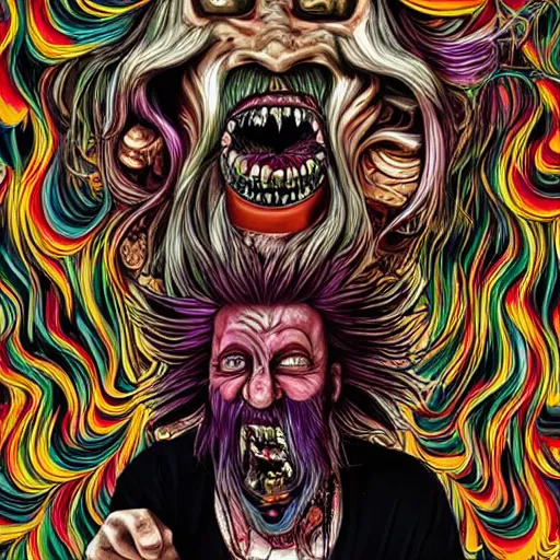 Prompt: a crazy man with long multi colored hair and a pointy beard smiling and making strange gestures as his face melts and inside his face are various psychedelic rebel monsters, psychedelic surreal cosmic bizarre horror