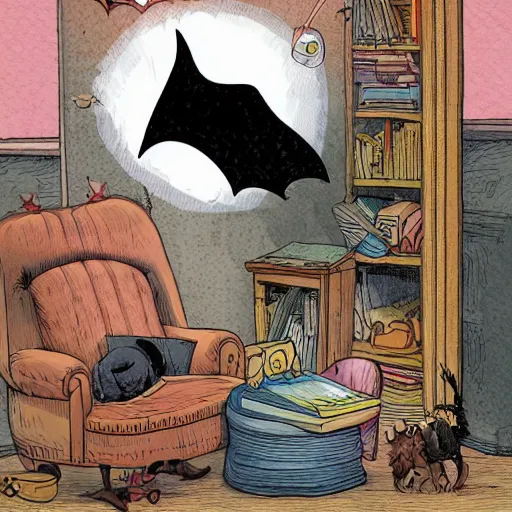 Prompt: a bat who solves crimes, whimsical storybook illustration