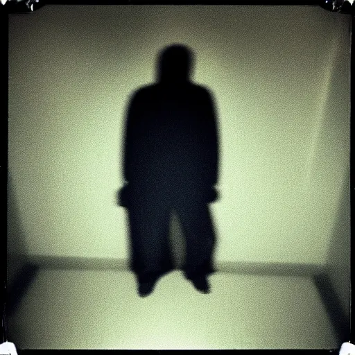 Prompt: grainy color photograph of a terrifying extremely tall hunched over man with shadowy eyes in the bathroom at home