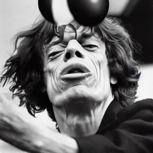 Image similar to Mick Jagger blowing a balloon