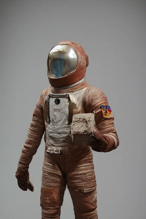 Image similar to a beautiful sculpture of a cosmonaut in space suit by christophe charbonnel, rust and plaster materials