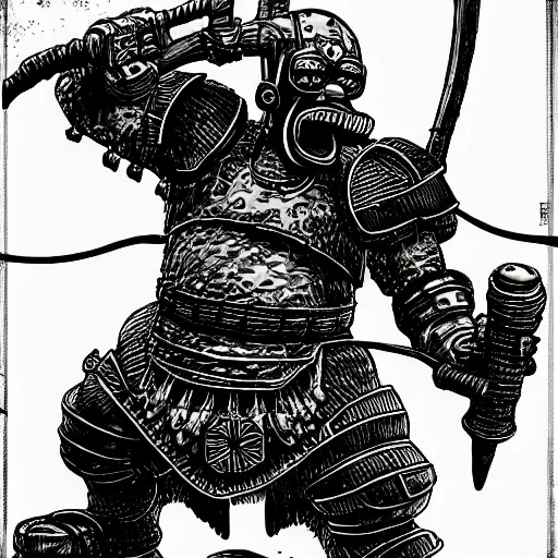 Image similar to homer simpson fighting guts from berserk wearing heavy armor, cinematic, manga style, black ink, hyperdetailed, ghibli