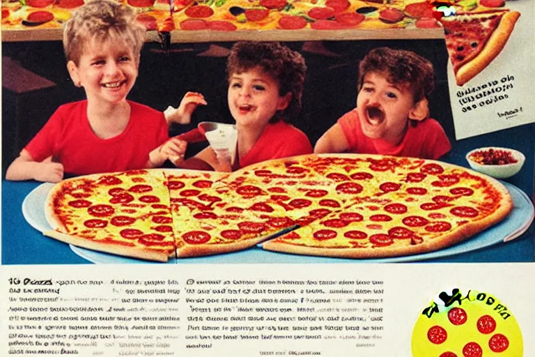 Image similar to pizza!!!!, 80s, advertisement