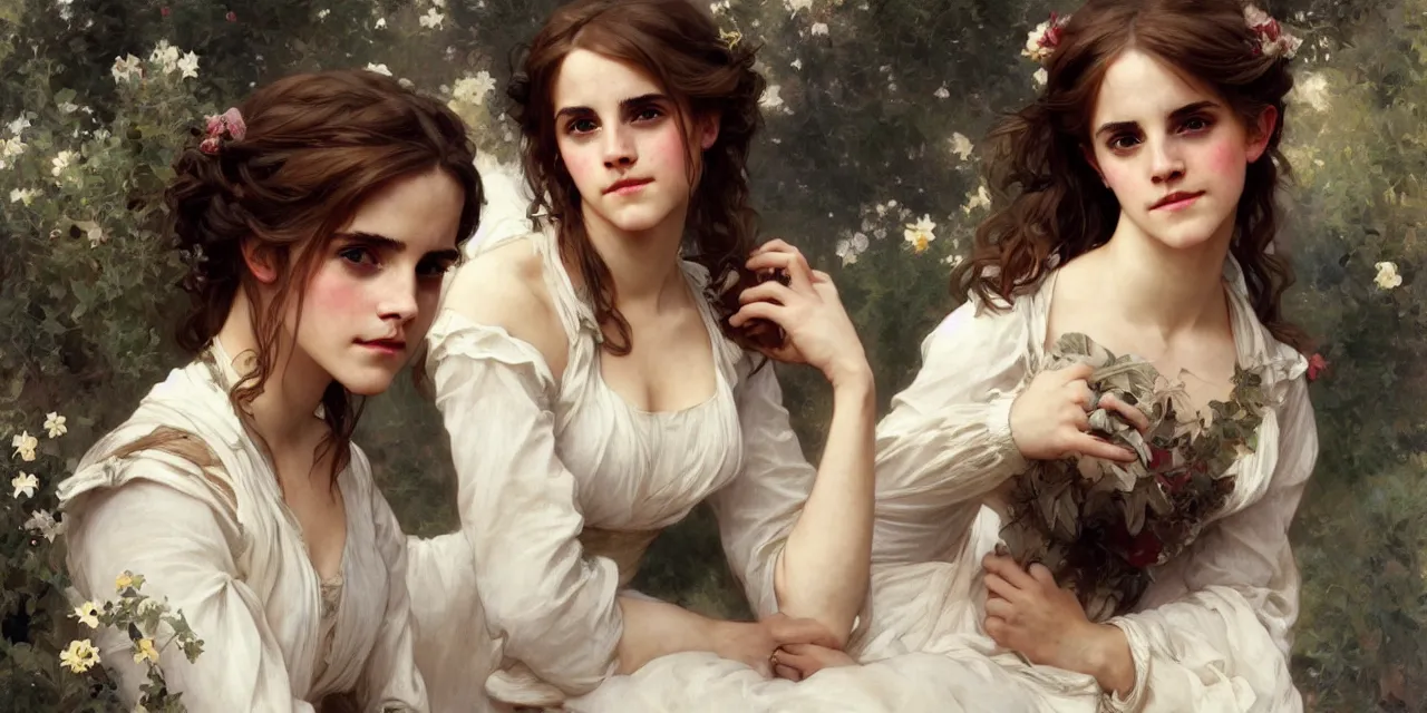 Image similar to emma watson southern belle style artgerm greg rutkowski alphonse mucha william adolphe bouguereau