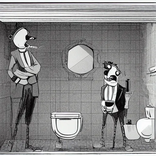 Prompt: An illustration of Mordecai and Rigby shooting an anamorphic toilet, detailed