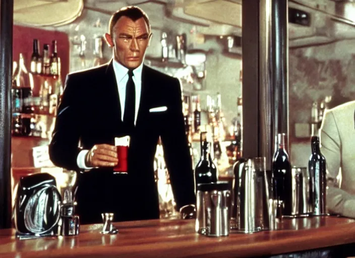 Image similar to a still from a 007 film, with James Bond sitting at a bar drinking from a juicebox