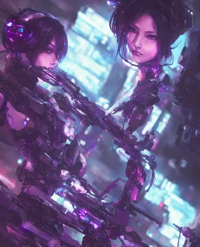 Image similar to A beautiful painting of a cyberpunk anime girl with purple hair and an a huge robot arm sensual stare, Trending on artstation. augmentations and cybernetic enhancements neon circuits, greg rutkowski , hyperrealist, cinema4D, 8k highly detailed ❤️‍🔥 🔥 💀 🤖 🚀