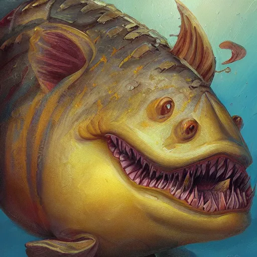 Image similar to fish - pig creature, oil painting by justin gerard