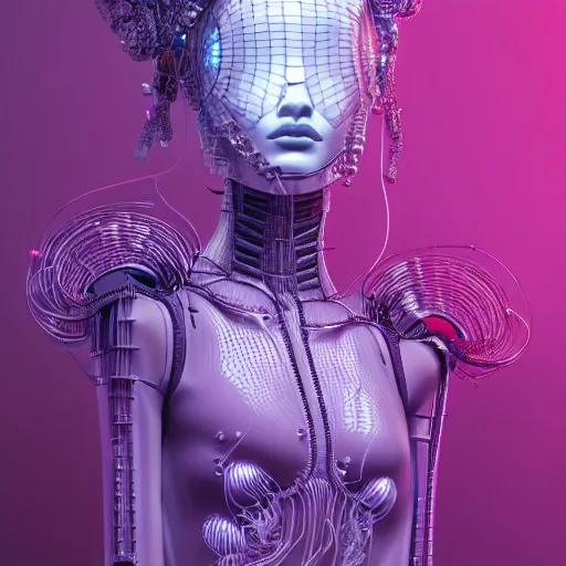 Prompt: closeup portrait of an absurdly beautiful, graceful, sophisticated, fashionable cyberpunk mechanoid gravure idol, an ultrafine hyperdetailed illustration by irakli nadar, matt wisniewski style, marvel, intricate linework, porcelain skin, neon jellyfish headdress, unreal engine 5 highly rendered, global illumination, radiant light, detailed and intricate environment