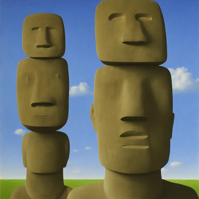 Image similar to portrait of a faceless moai - head man in a suit, clouds in the background, by rene magritte, detailed painting, distance, middle centered, hd, hq, high resolution, high detail, 4 k, 8 k