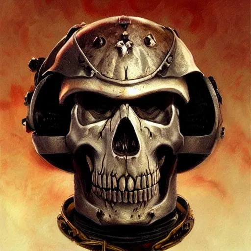 Image similar to space marine skull helmet, terrifying, grimdark, photorealistic, front view, symmetrical, artstation, art by brom