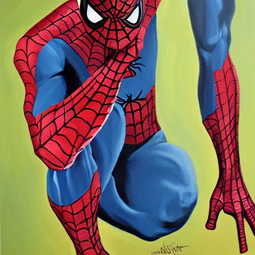 Prompt: spiderman kneels, praying to spider god, oil painting