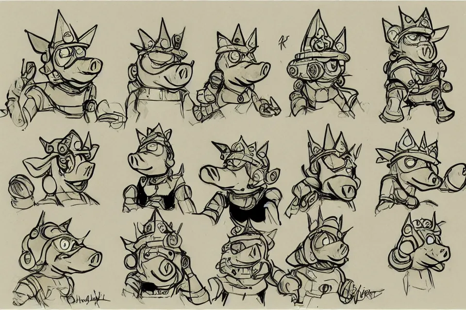 Image similar to concept sketches of a pig wearing a gold crown side profile by jamie hewlett, in the style of megaman