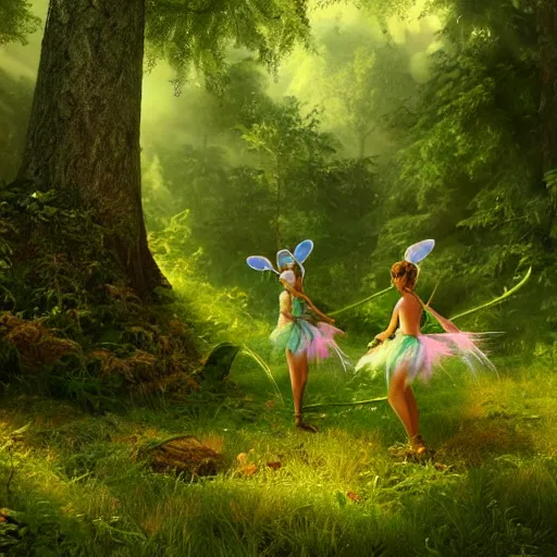 Image similar to fairies in a heavenly forest, highly detailed, 4k, HDR, award-winning, octane render, artstation