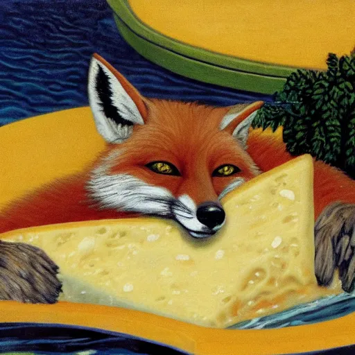 Prompt: fox animal swimming in a pool of cheese, famous painting