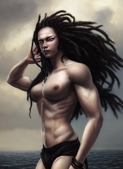 Image similar to girl with pale white skin and black dreadlocks, muscular upper body, beautiful highly detailed face, complementary lighting, backlit, black eyeshadow, dark eyes, adventure, dramatic lighting, landscape background, beautiful painting by artgerm and greg rutkowski and raymond swanland