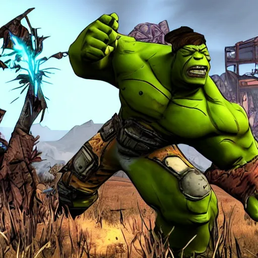 Image similar to Screenshot from new Borderlands DLC featuring the Hulk, 8k photorealistic