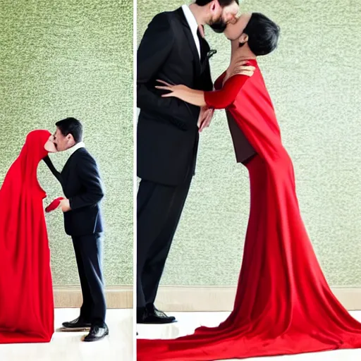 Prompt: a woman in a red dress kissing a man in a suit with both of them having a blanket completely covering their heads