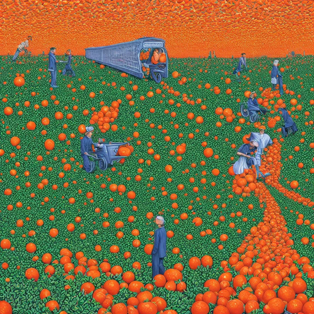 Image similar to a orange strawberry field seen by far in a car riding by, by Rob Gonsalves