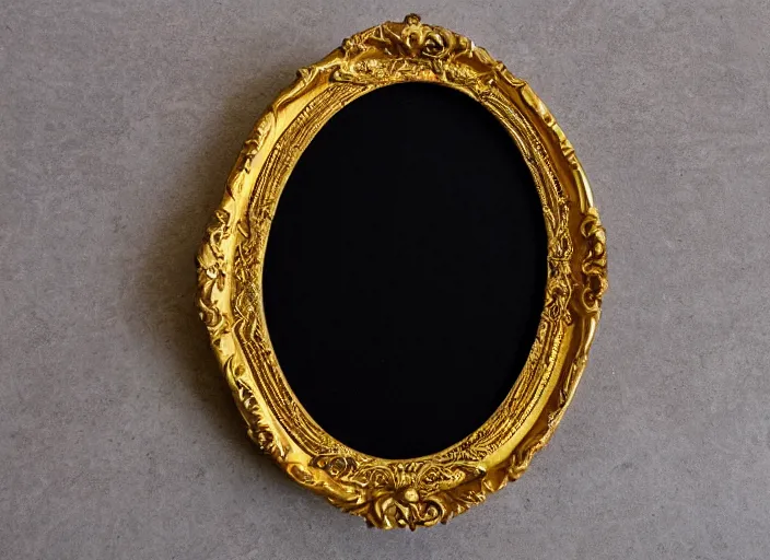 Image similar to beautiful baroque oval portrait picture frame, royal, gilded with gold, magical, fantasy, metallic, product catalog photography, flat photography