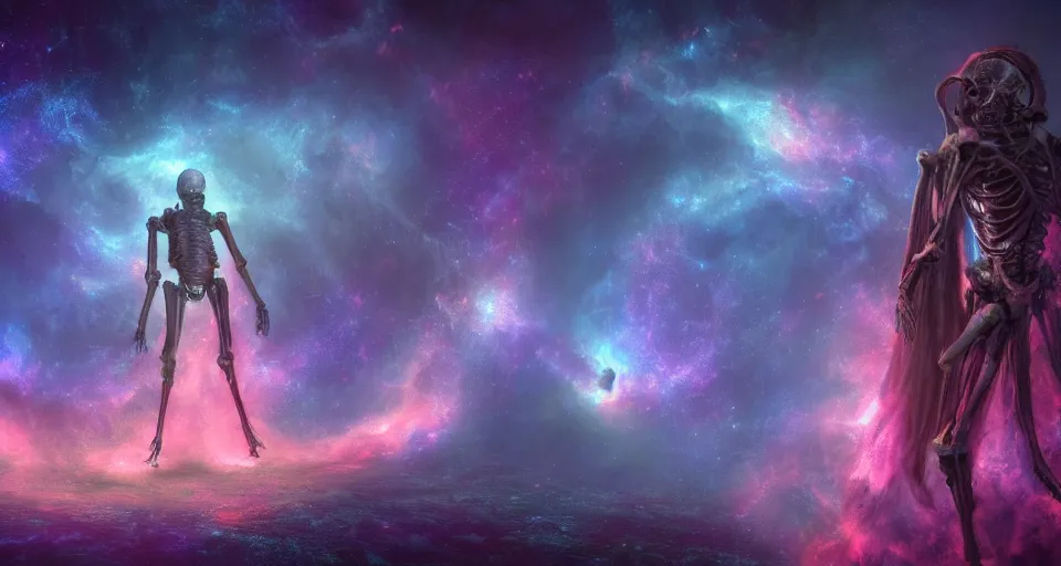 Image similar to a photo of an enormous humanoid pearlescent!! smoke!! skeletal ephemeral!! cosmic! old god!! floating in space!! in a nebula!!!!, 4 k, unreal engine, concept art, matte painting, cosmic horror!!, nightmare, color accents,