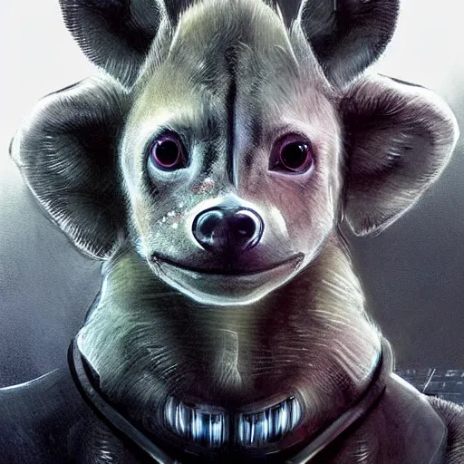 Image similar to very cute baby cyborg hyena, realistic concept art, cyberpunk