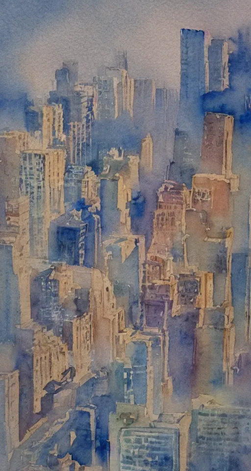 Prompt: looking upon a dying city, watercolor,