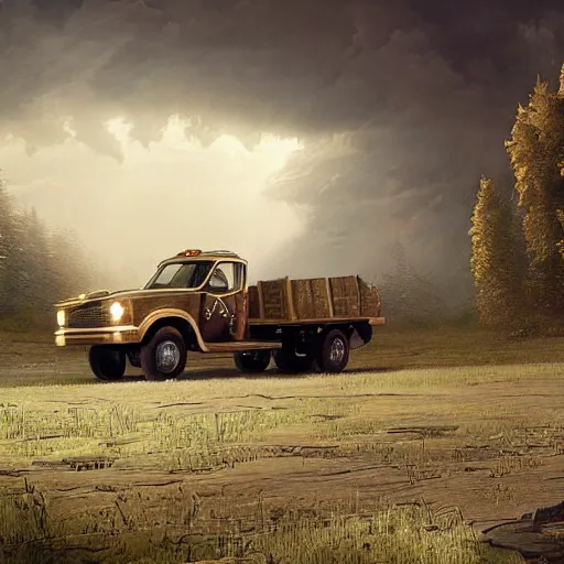 Image similar to a beautiful detailed realistic pick - up truck in a serene landscape with an eerie dark magic lightning portal to another dimension, by john howe and alexander skold and andreas rocha. vray, raytracing, detailed lighting, volumetric lighting, cinematic lighting, very wide shot, f 8