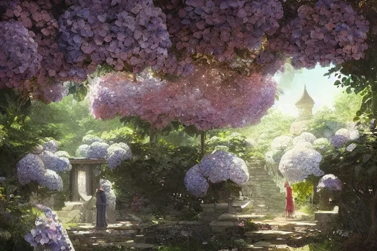 Image similar to a beautiful painting of the garden of hydrangea, shrine, two people, by greg rutkowski, trending on artstation