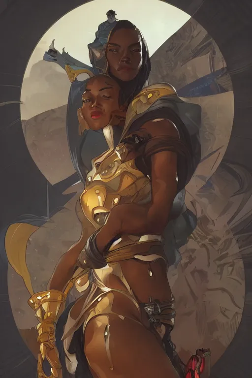 Image similar to heroic image of an african woman space pirate art by artgerm and greg rutkowski and alphonse mucha and Charlie Bowater Trending on artstation, artstationHD, artstationHQ, 4k, 8k