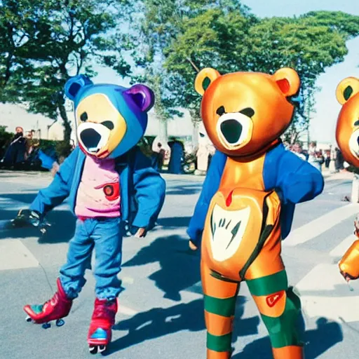 Image similar to happybears!, humanoid bears, bear costumes, happy faces, evil happy faces, rollerblading, rollerskates, four humanoid bears, 2 0 0 1 anime, flcl, golden hour, japanese town, cel - shaded, strong shadows, vivid hues, y 2 k aesthetic