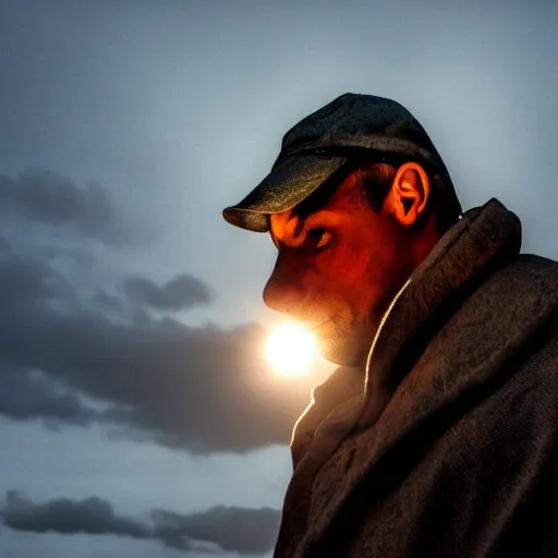 Image similar to a dramatic portrait of worker from europe, cinematic lighting