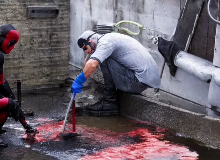 Image similar to film still of deadpool cleaning a sewer in the new dirty jobs tv series, 4 k