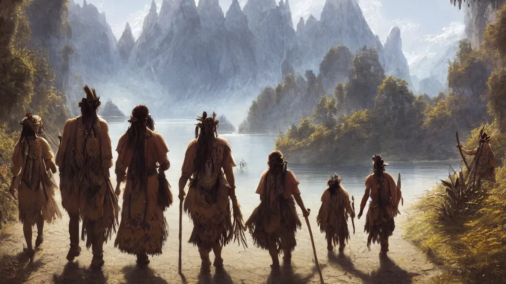 Image similar to highly detailed image of a group of indigenous travelers, walking in a line, traditional clothing, unreal engine, fantasy art by greg rutkowski, mountains, lake, hunter, by greg rutkowski, cgsociety, ferdinand knab, rossdraws, tom bagshaw, global illumination, radiant light, detailed and intricate environment