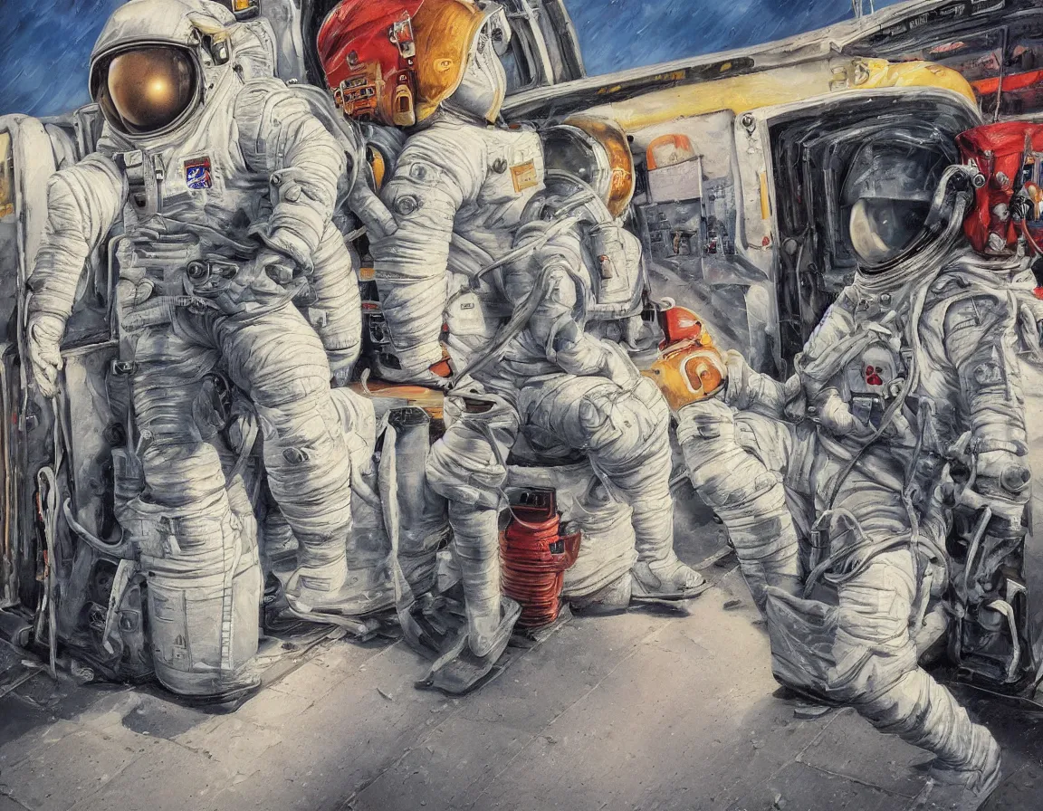 Image similar to hyper realistic oil painting of astronaut waiting for the bus at the bus stop, hd, hdr, by stanisław wyspianski, ultra detailed, high resolution