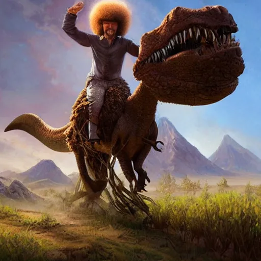 Image similar to bob ross!!! riding!!! a dinosaur!!, giant afro!, model pose, ultra realistic, concept art, intricate details, highly detailed, photorealistic, octane render, 8 k, unreal engine. art by artgerm and greg rutkowski and alphonse mucha