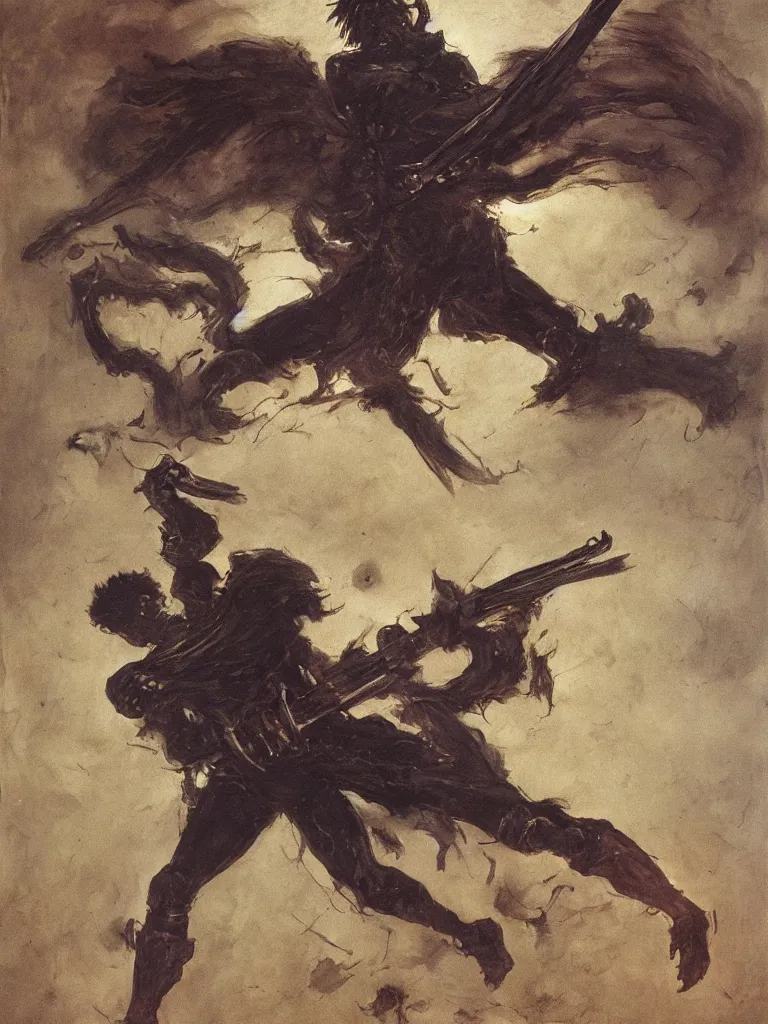 Prompt: the black swordsman guts from berserk painted by francisco de goya, oil painting, romanticism painting, highly detailed, 4 k