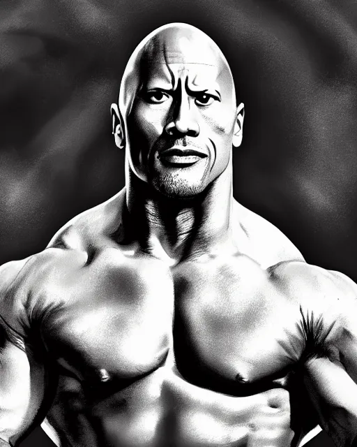 Image similar to Dwayne Johnson in a black and white anime