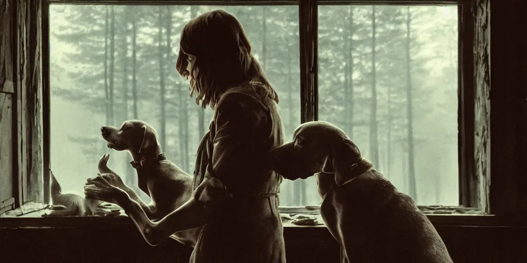 Prompt: portrait bust of emma stone petting a dog, solemn expression, faded color film, russian cinema, tarkovsky, kodachrome, old cabin, next to window, heavy forest outside, long brown hair, old clothing, heavy fog, hudson river school, 4 k, dramatic lighting, greg rutkowski