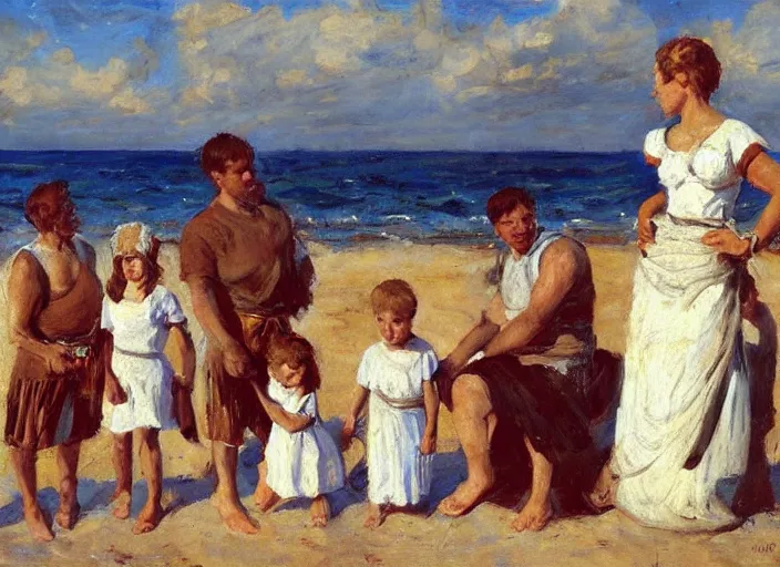 Image similar to a highly detailed beautiful family portrait of a roman family at the beach, by gregory manchess, james gurney, james jean