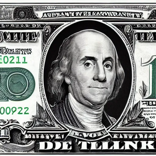 Image similar to an intricately detailed new dollar bill design featuring a portrait of Thomas the Tank Engine