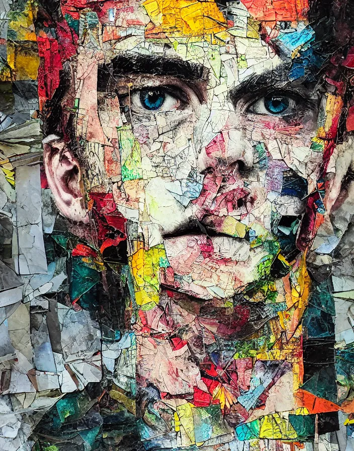 Prompt: double coloured nihilist boy in law detailed analogue mixed media collage with canvas texture in style of contemporary art, punk art, hyperrealistic beautiful face, photorealistic, expressionism, masterpiece, perfect composition, spectacular quality torn paper, intricate oil details, broken glass