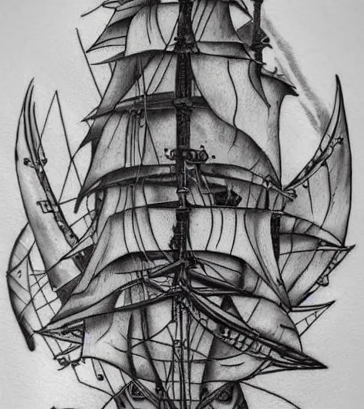 Image similar to A realistic painting of a pirate ship, realism tattoo design, white background, highly detailed tattoo, shaded tattoo, hyper realistic tattoo