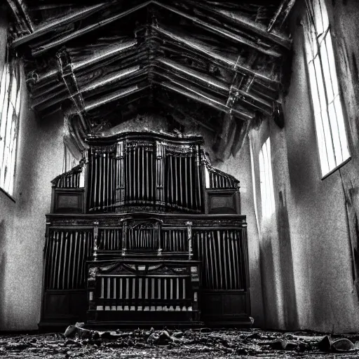 Image similar to black and white photo by karl gustav rodde of a haunted pipe organ in an abandoned warehouse, dirty, hazy, depressing, haunted