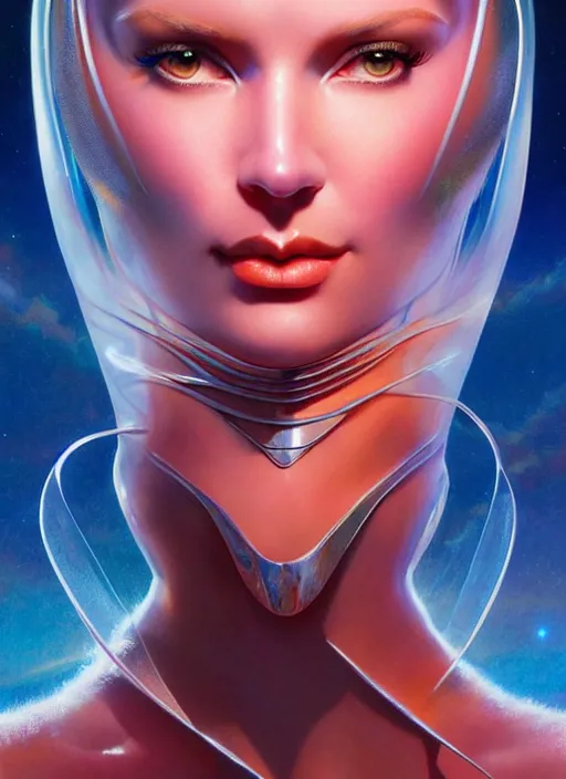 Image similar to face of a beautiful alien woman wearing shiny plastic armor in the style of roger dean and alberto vargas and stefan kostic, realistic, sharp focus, 8 k high definition, insanely detailed, intricate, elegant, art by greg rutkowski and artgerm, extreme blur coral reef background