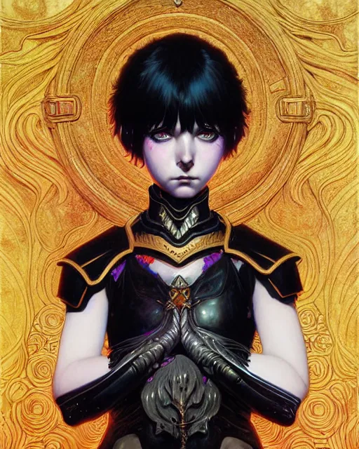 Image similar to portrait of beautiful cute young goth maiden girl with short white hairs in warhammer armor, art by ( ( ( kuvshinov ilya ) ) ) and wayne barlowe and gustav klimt and artgerm and wlop